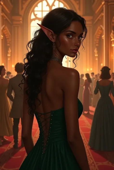 Dark black skinned young woman with orange background, with light brown eyes, pointy ears, curly hair up to the waist, Dark green long medieval dress with front slit, strapless, at a dance in the medieval castle&#39;s ballroom at night, full of people 