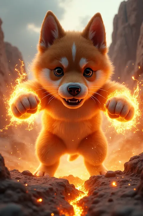 Epic puppy with fire around his fists in a punch that makes a giant crack in the ground 