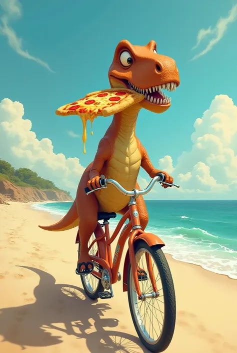 A dinosaur riding a bike with a piece of pizza in its mouth on the beach