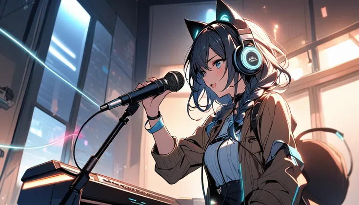 A beautiful, single girl with braided hair featuring glowing wires. She wears a half hat equipped with headphones that include cat ears. Holding a microphone, she sings in the kitchen.