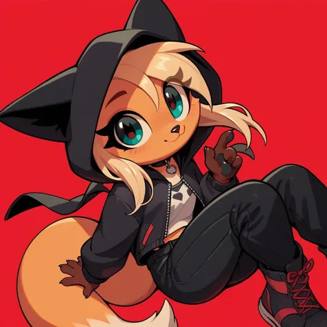 1girl, fox girl, cute fox, anthro, black hood, black pants, red background