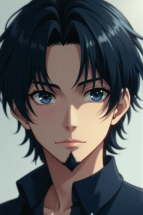 A man of 2, with shoulder length black hair, medium black facial hair too, and navy blue eyes. make the image with realistic anime style.