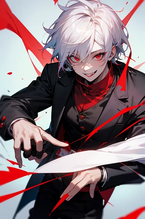 perfect, best quality, young man, vest under jacket, white hair, red eyes, black jacket, fingerless gloves, black pants, sticking out tongue, smiling maniacally, clown paint in his face