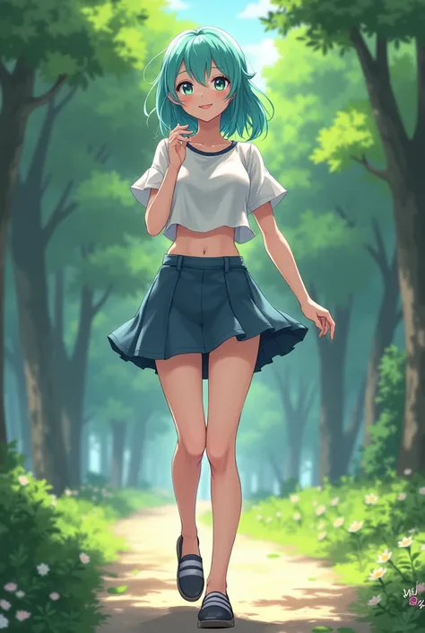 in extreme short MINI MICROSKIRT, walking in a park, JS_Short MicroSkirt, Girl, slender figure, Taillie, belly button, JS_Short MicroSkirt, hatsune miku,