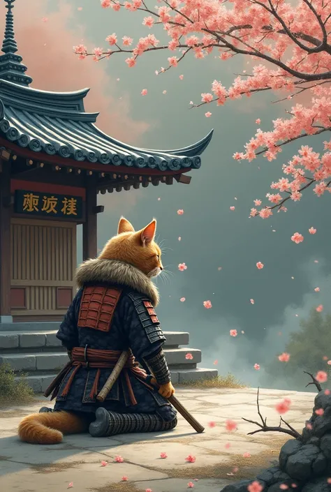 A battle-worn samurai cat kneeling in front of a shrine, paying respects to fallen comrades, with cherry blossoms falling.