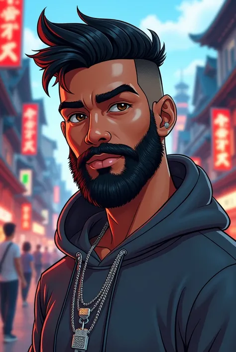 2d animation. Portrait of a man, With a cap, black eyebrows, A thick, black, curly and well-groomed beard, small hazel eyes. Dressed in a hoodie and a pair of diamond chains around the neck. In the background is the city of Old Tokyo.. 