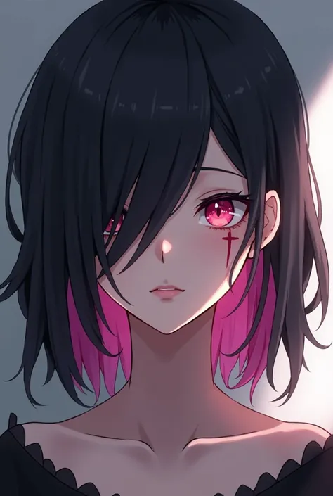 Anime girl with shoulder length black hair with pink highlights, and her hair covers half of her face so she only has one eye showing, and there is a scar through the eye
