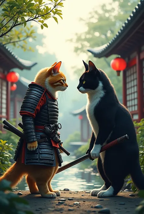 A samurai cat in a dramatic standoff with a rival cat clan leader, tension filling the air in a traditional Japanese village.