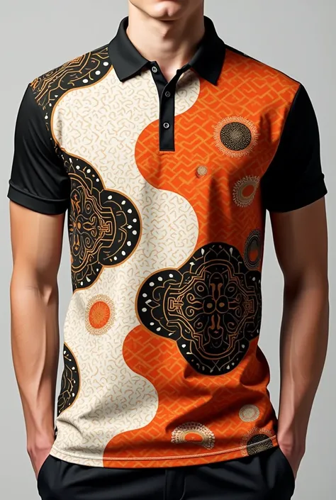 chinese collar poloshirt with dark orange, white and black color combination pattern