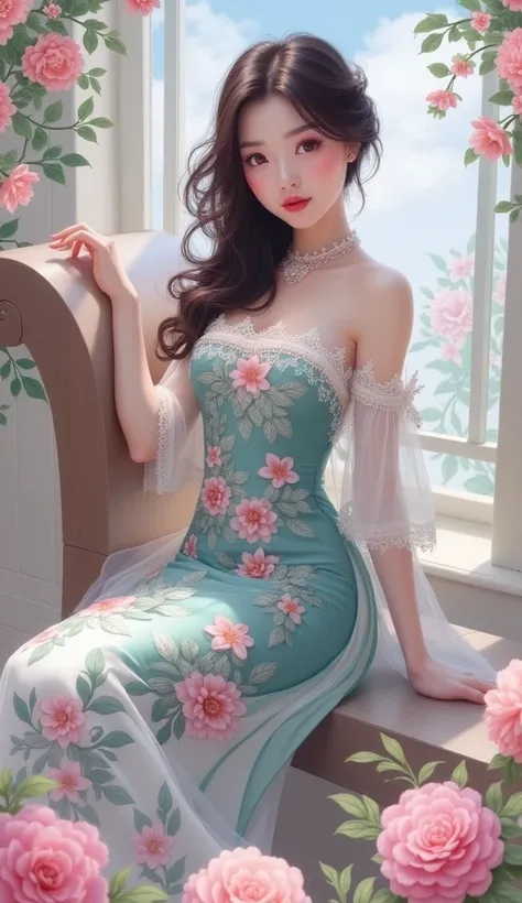 araffe asian woman in a floral dress sitting on a bench, a poster by Lü Ji, featured on pinterest, rococo, beautiful asian woman, beautiful young asian woman, cheongsam