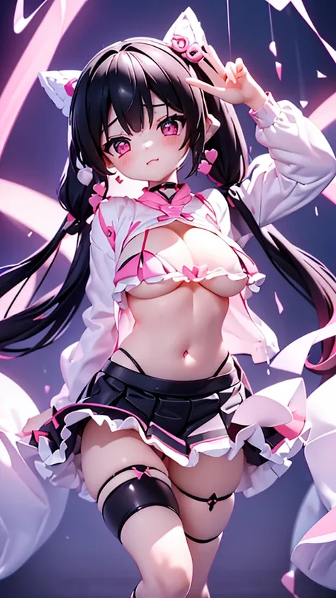 (((アニメ調cute顔))), ((((Black hair twin tails)))), （Skin clean）、Pink hair accessory、((((A fitted white t-shirt、clothes are short、I can see the underboob！))), No bra、（She is very wet）、Highest quality, (Sharp details), 8k, ((cute)), (looking at the camera),,cut...