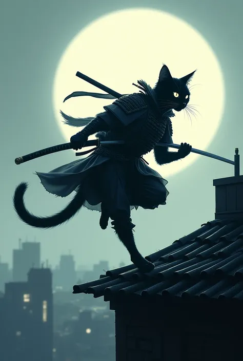 Samurai cat sprinting across rooftops, the moonlight casting a silhouette, as it prepares for a surprise attack.