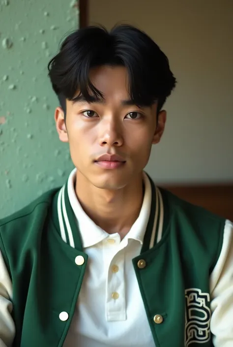 Create a photo taken in the 80s, depicting a very attractive 1 asian guy, with black eyes and fair skin, black middle partition hairstyle, wearing a white polo shirt underneath a green letterman jacket.