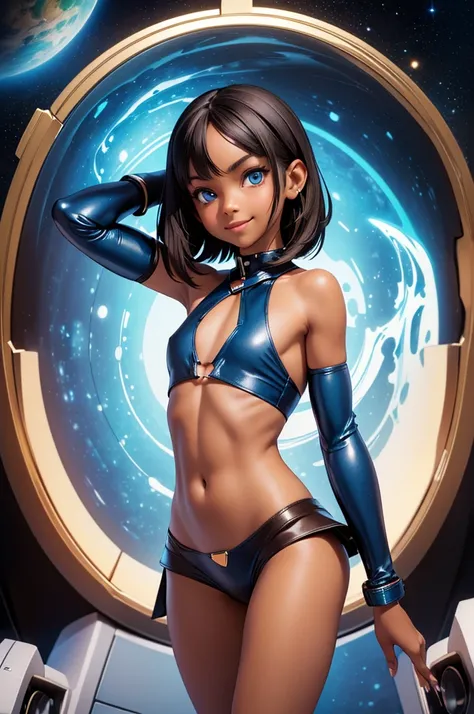 (masterpiece) (high Res), (Perfect face), (perfect anatomy), girl(), shoulder length black hair, in super tight clothes, (bikini blue), blue eyes, (flat chest:1.6), short, (((Brown skin))), black high heels, smiling, ((((solo)))), ((((alone)))), ((in a spa...