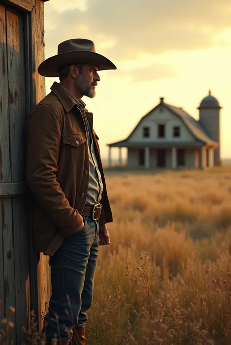 a gentleman with a somewhat ranch-like appearance, profile looking at an abandoned farm but imagining that same farm but in better condition with an expression of pride