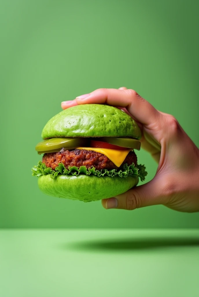 Serving a burger with green bun holding it with your hand
