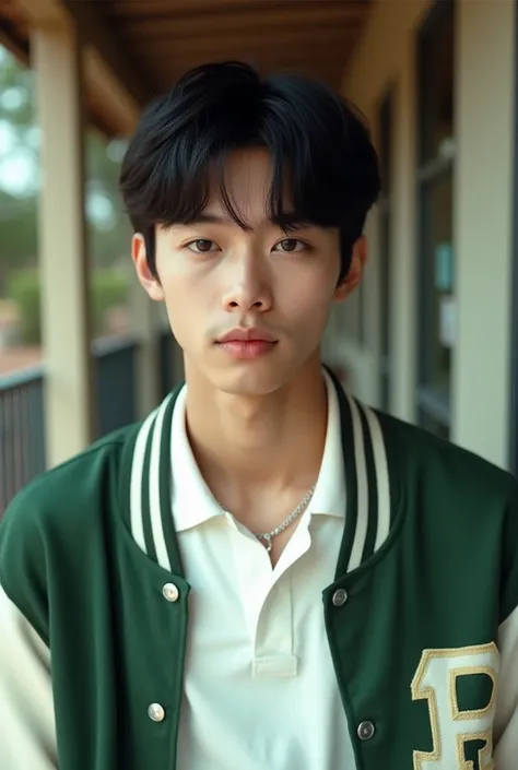 Create a photo taken in the 80s, depicting a very attractive 1 asian guy, with black eyes and fair skin, black middle partition hairstyle, wearing a white polo shirt underneath a green letterman jacket.