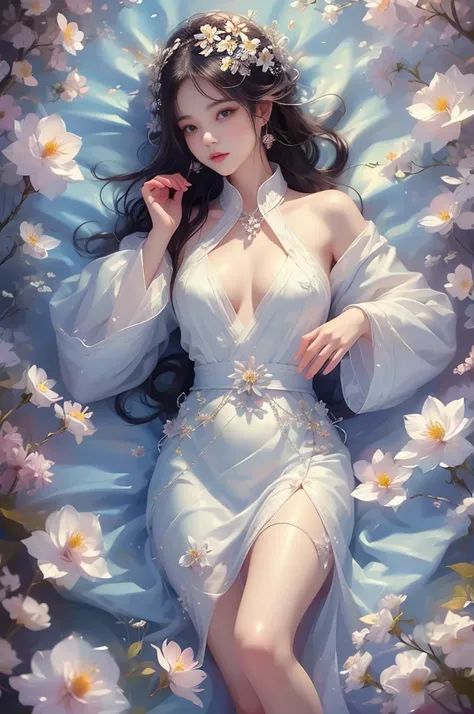 ((whole body))（Quality Improvement：1.4），((from above)), 1girl, ((Lying down, Lying in the flowers)), Elegant posture, ((Emphasize sexy long legs)), Full breasts，Visible cleavage，Sexy long legs，The skirt is very short，She gently lifted her skirt with one ha...