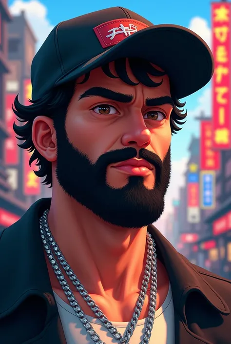 2d animation. Portrait of a man, Wearing a cap with the visor backwards, on his face he has black eyebrows, A thick, black, curly and well-groomed beard, small hazel eyes. dressed in urban clothing and a pair of diamond chains around the neck. In the backg...