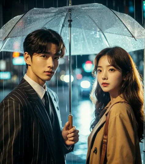 longshoot foto.Side view photo. looking at the camera. a handsome korean man with short curly hair carrying an umbrella.in front of him there is a beautiful Korean woman with long hair. they face each other.wearing formal clothes. rainy night atmosphere in...