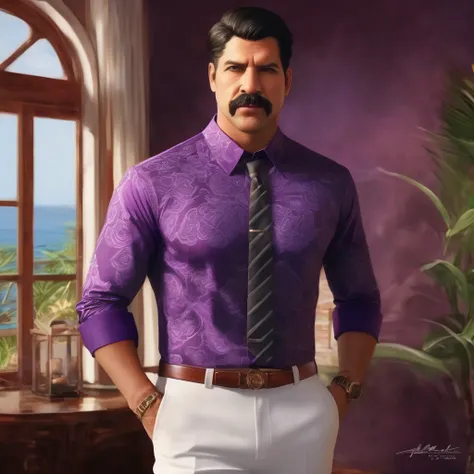 (obra maestra, Mejor calidad:1.2), 1 chico, thenahualli, serious, dangerous man, elegant, elegante, (((purple shirt, suit pants, white pants))), mansion, bedroom, indoor, big windows, Hawaii, (((realistic, detailed, photorealistic))), close up, closeup, de...