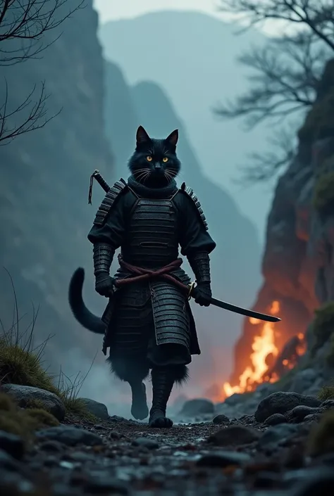 A samurai cat silently approaching an enemy encampment, blending into the shadows with precise movements.