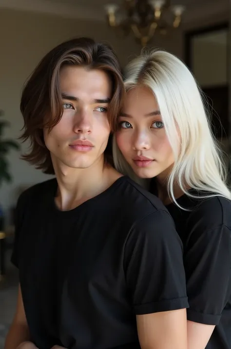 a young lad, smooth pale white skin, medium long straight hair, sexy blue eyes, behind a korean woman, also pale white skin, The Korean woman has platinum blonde hair, the two of them in a sophisticated room, wearing black Versace t-shirts, couple and sens...