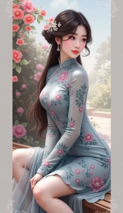 araffe asian woman in a floral dress sitting on a bench, a poster by Lü Ji, featured on pinterest, rococo, beautiful asian woman, beautiful young asian woman, cheongsam