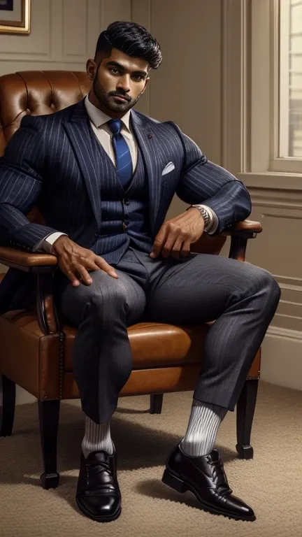 arafed indian man with his bulge in a suit and striped socks sitting on a chair, black socks, dapper, detailed shot spread legs-...