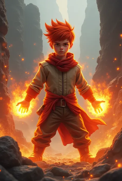 A  boy whose power is the fire element and whose hair is also red 