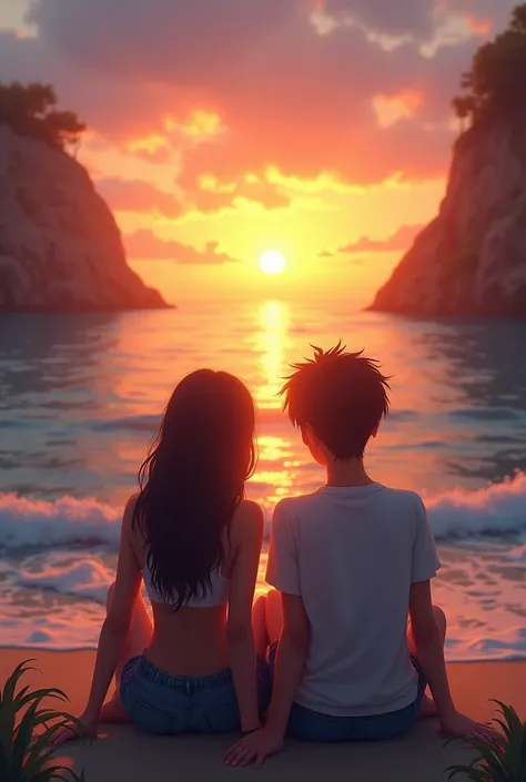 A girl and boy sitting near the sea viewing te beautiful sun set and spending their lovable time 