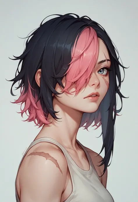 Anime girl with shoulder length black hair with pink highlights, and her hair covers half of her face so she only has one eye showing, and there is a scar through the eye
