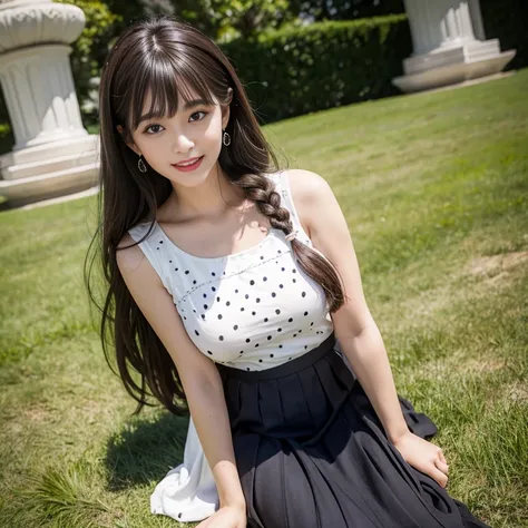 laughing out loud，1 female, 2，White chiffon pleated long skirt，Black top with white dotted pattern，Black dots all over the clothes，Skirt length to ankle，Outside the castle，light brown hair, blunt bangs, hair behind ears, Shoulder length hair, long hair, Br...