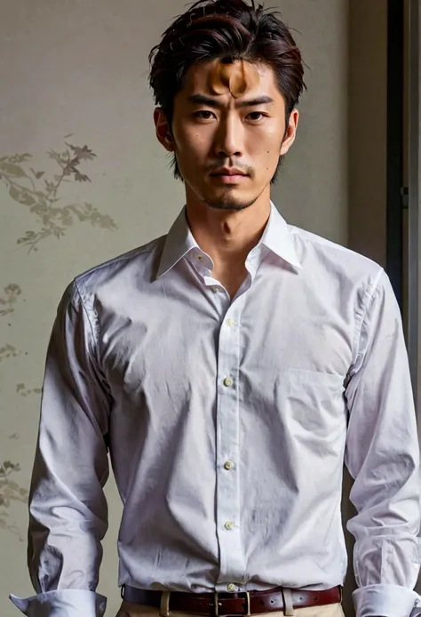 A Japanese man,  Youngh, stark, handsome and tall wearing a dress shirt.