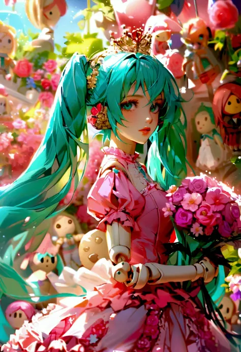 doll joints, ((doll)), princess, pink dress, tiara, beautiful hair, has a boquet of flowers, Hatsune Miku,