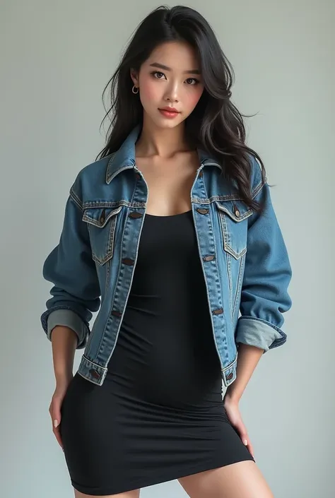 Bold Korean woman in denim jacket and tight dress