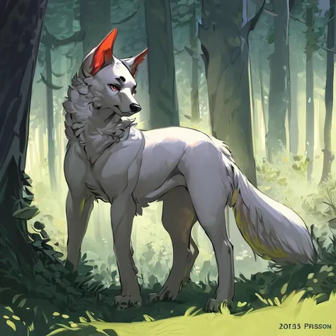 standing alone, mascle, furry art, furson, ((canine)), white coat, (perky ears), Pose legal, forest background, fantastic art, executed with mastery, beautiful background, normal body, patas.