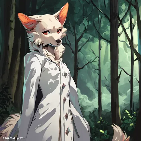 standing alone, mascle, furry art, furson, ((canine)), white coat, (perky ears), pose legal, forest background, fantastic art, e...