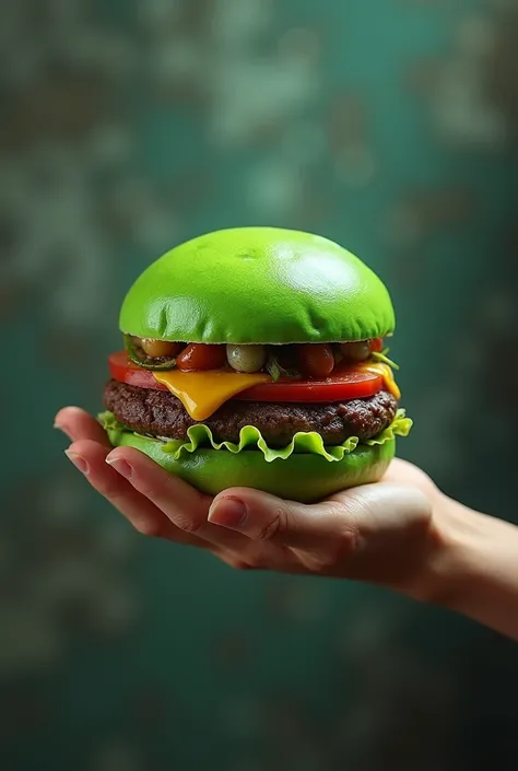 Serving a burger with green bun holding handing to customer
