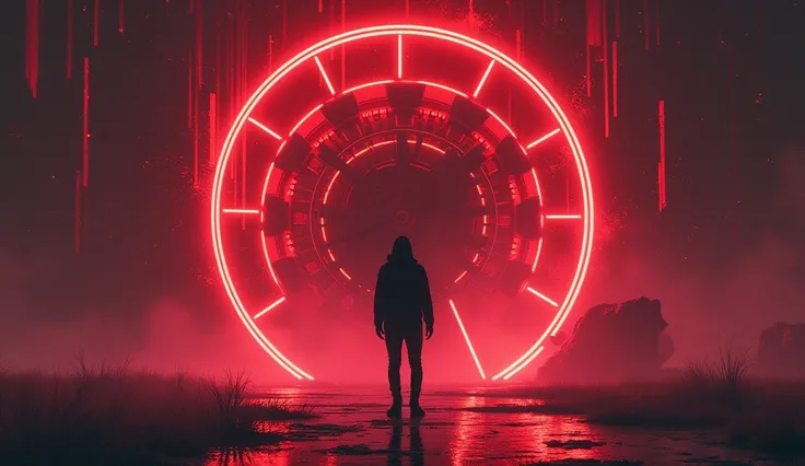 A person lost in time with a large clock with an art style with a cyberpunk vibe with a retro-futuristic aesthetic. It resembles elements of digital art with the use of high contrasts., vibrant colors like red in the background, and a sense of dystopia or ...