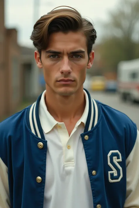 Create a photo taken in the 80s, depicting an attractive 1 guy, with dark eyes and fair skin, slick back long light brown hair, wearing a white polo shirt underneath a blue letterman jacket.