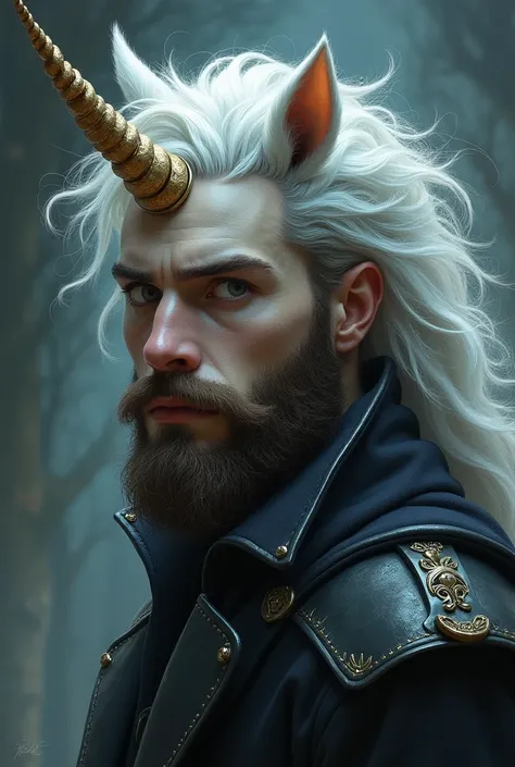 Young man with unicorn head and black beard

