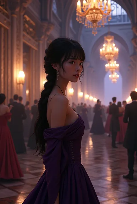 Young woman with straight black hair in braids with Japanese features, De pele clara, with dark purple dress, strapless dress, with long sleeves, and V-neck, at a medieval ball at night in a ballroom in a crowded medieval castle