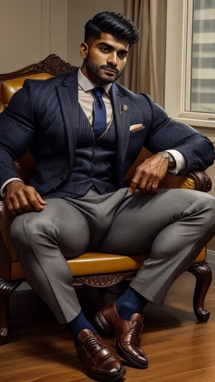 arafed indian man with his bulge in a suit and striped socks sitting on a chair, black socks, dapper, detailed shot spread legs-up, professional foot photography, grey pants and black dress pointed buckle shoes, stunning visual, profile image, stripes, in ...