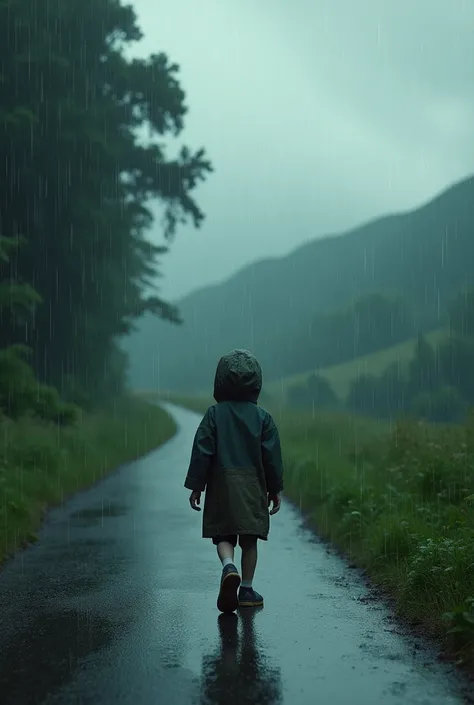 A boy walking on road in rainy