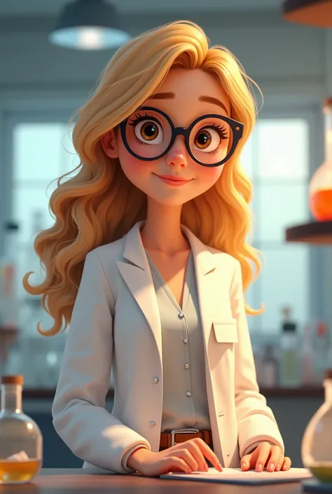 Disney Pixar cartoon of a woman wearing ross frame glasses, tender light brown eyes, honey colored hair with wavy blonde,  beautiful smile is a biochemist working in a laboratory, happy, friendly, She is cheerful and tender. I need the character to be png ...