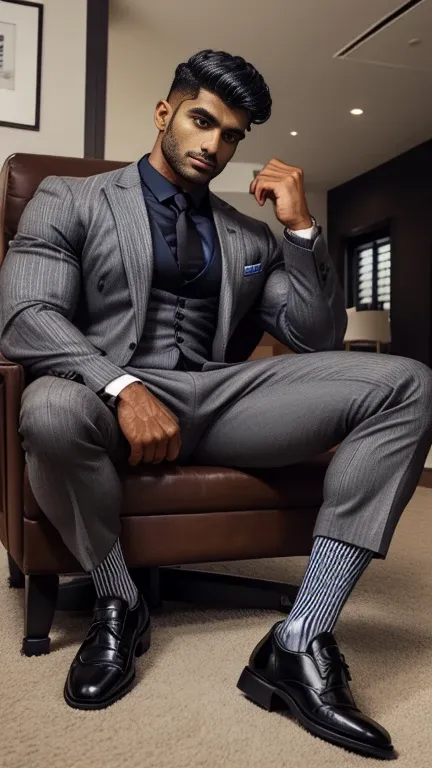 arafed indian man with his bulge in a suit and striped socks sitting on a chair, black socks, dapper, detailed shot spread legs-...