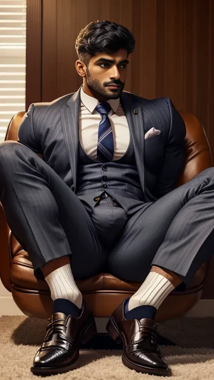 arafed indian man with his bulge in a suit and striped socks sitting on a chair, black socks, dapper, detailed shot spread legs-up, professional foot photography, grey pants and black dress pointed buckle shoes, stunning visual, profile image, stripes, in ...