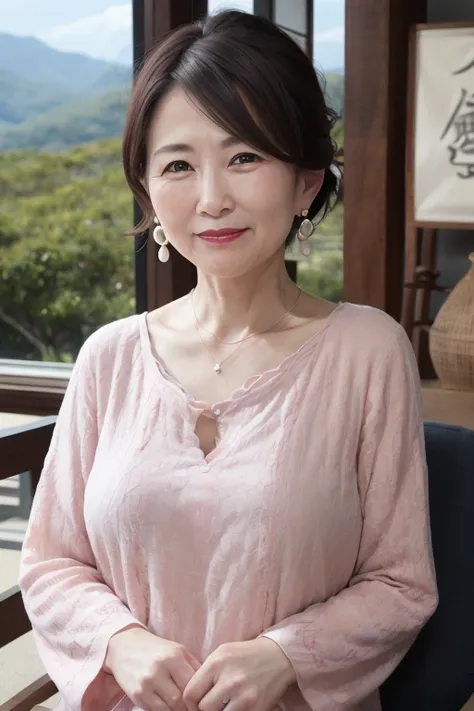 Beautiful mature Japanese woman aged 55, Married women, Long eyelashes, Bob Hair, Red lipstick, Pink Cheeks, Pearl Necklace, Earrings, Dark eyeshadow, 登Mountainの服装, 登Mountain, Mountain, Mountain上からの撮影