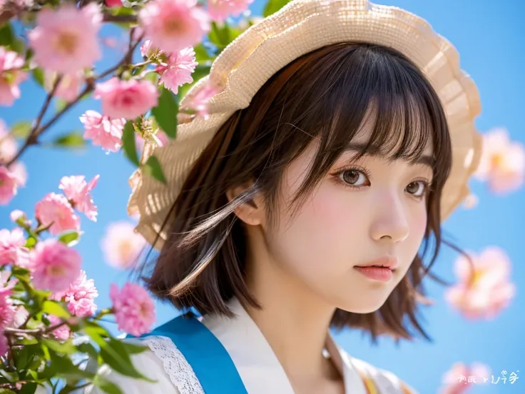 Japanese Shrine Maiden、whole body、halo、High quality,Japanese idol,18yo,expressionless,look at viewer,medium bob hair, brown hair,Colorful flower crown in primary colors, brown eyeshadow, light pink cheek,eyeliner, beige lipstick, glossy lips, pink dress wi...